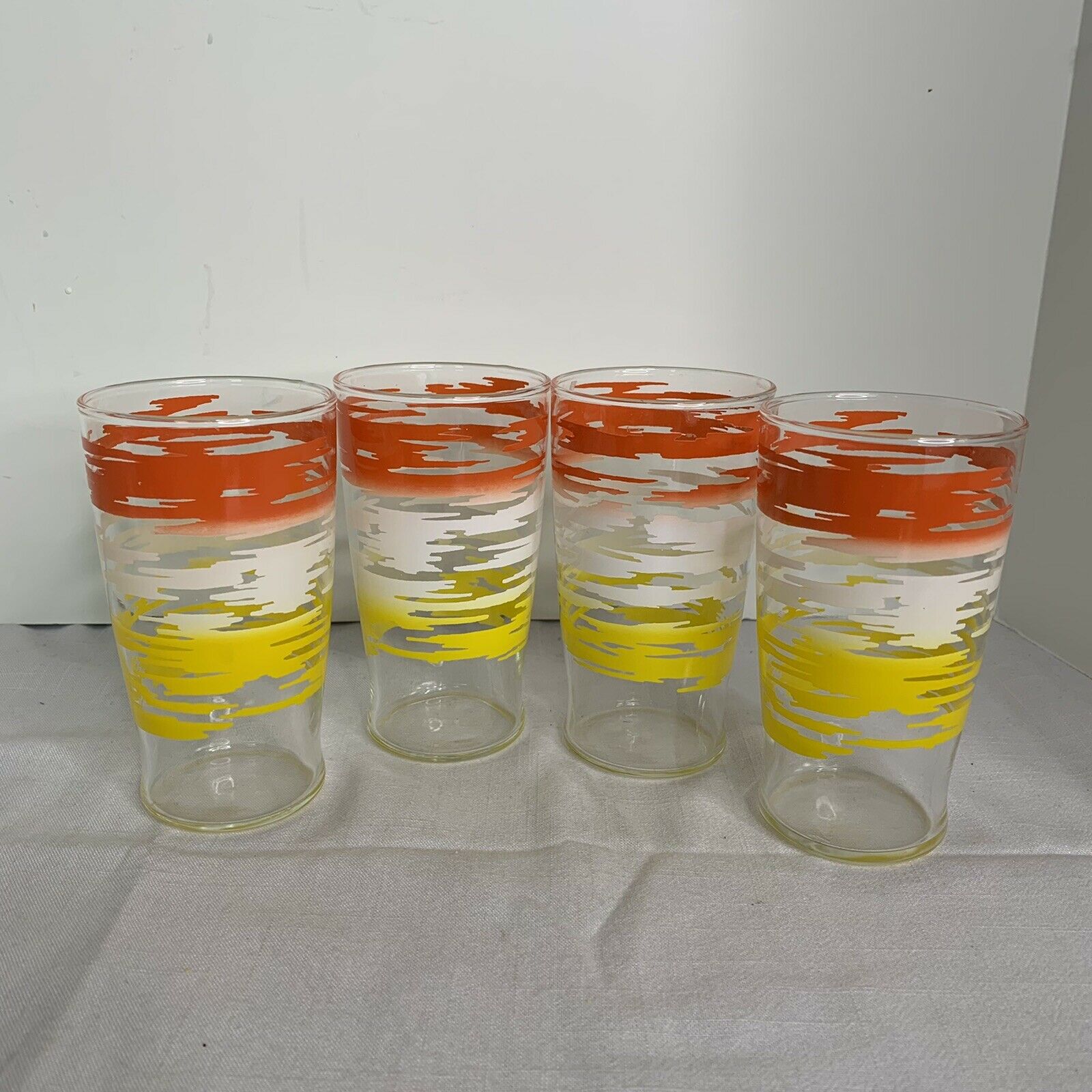4 Vintage Small Glass Tumblers Set Yellow White Orange 4.75" Tall