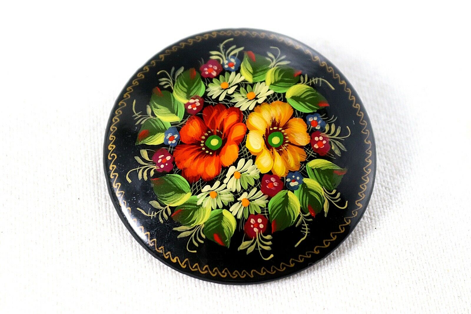 Russian Lacquer Handpaint Flowers Garden Brooch Pin Signed