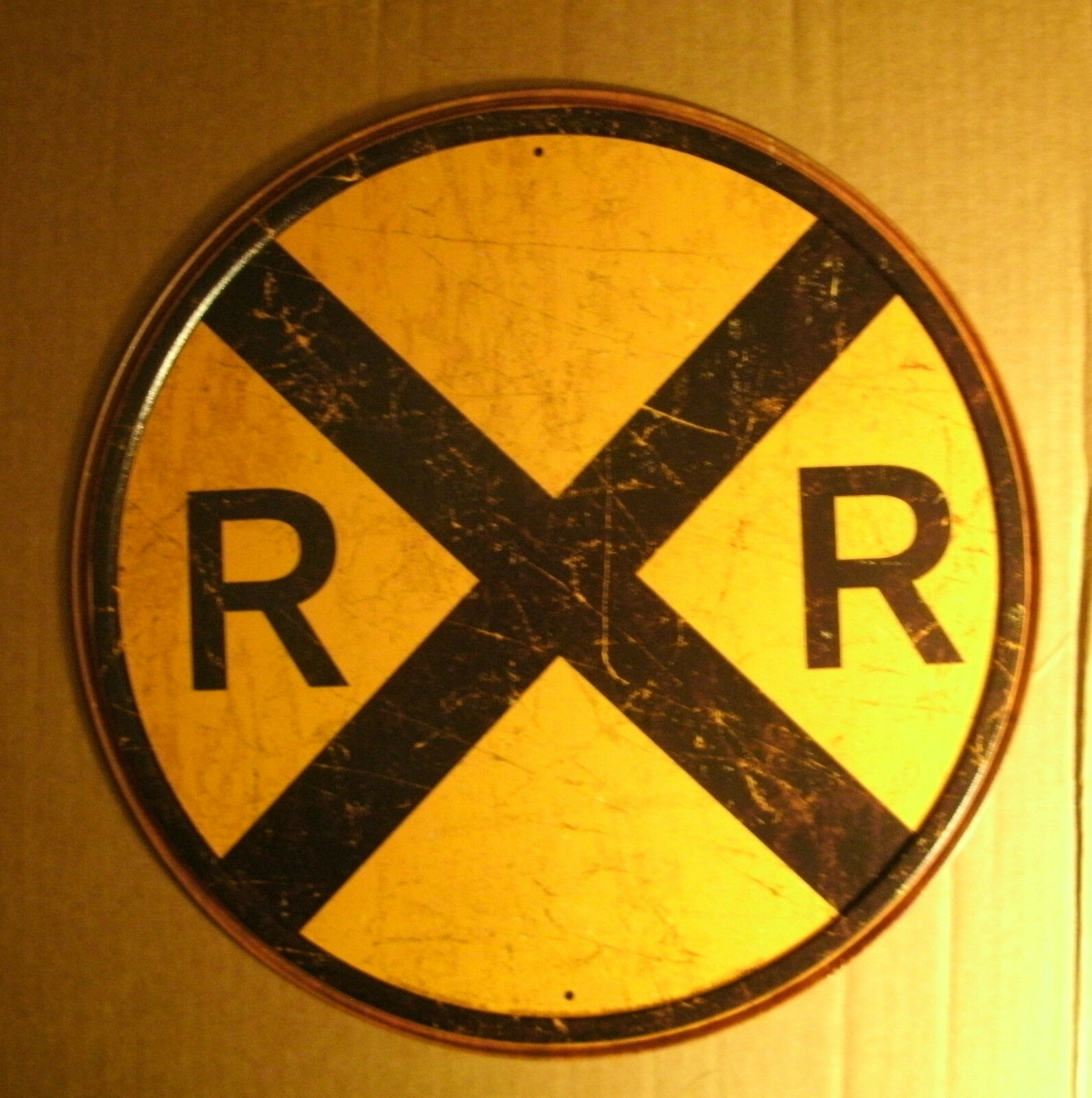 Round Tin Sign - Rr Railroad - Old Style Train Crossing - Vintage Man Cave Look