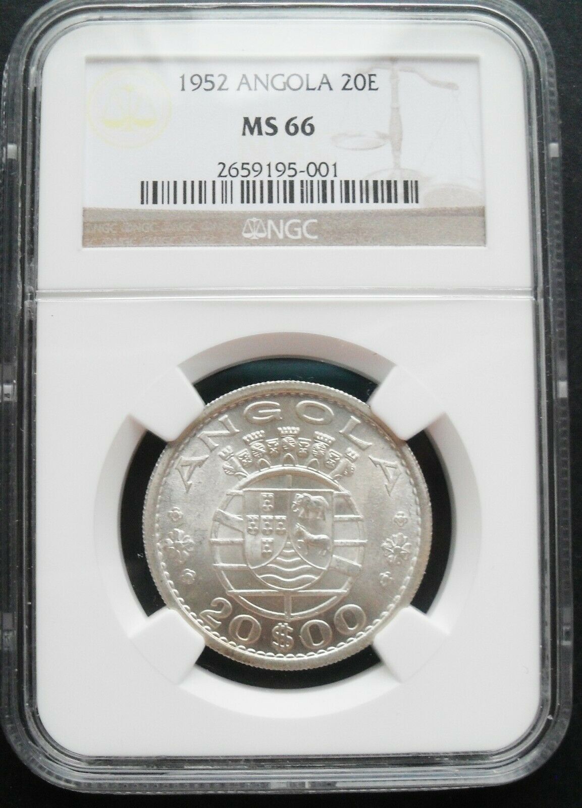 1952 Angola  20 Escudo , Ngc Ms 66 , Nice Silver  Coin.  # 4-12