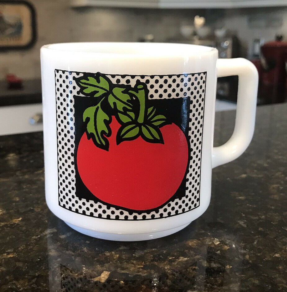 Vintage Milk Glass Mug Double Sided Tomato Print D Handle