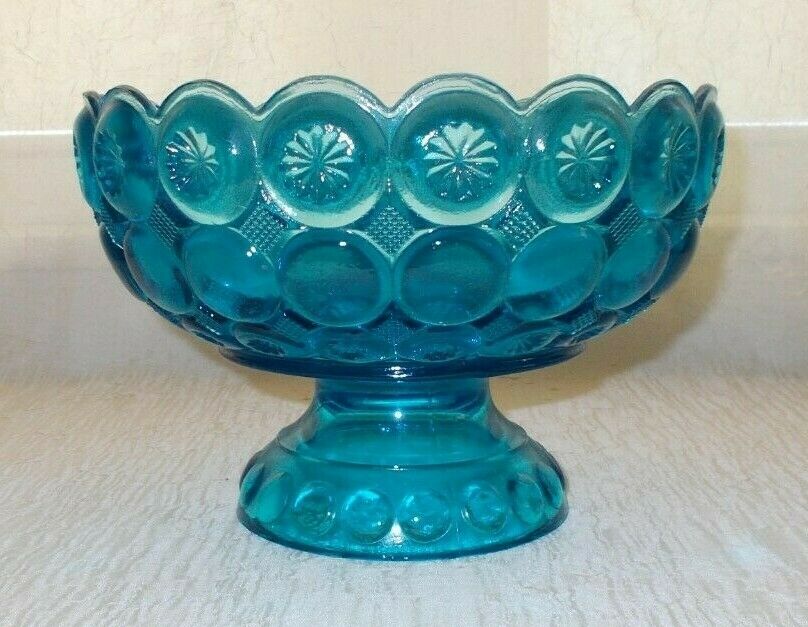 Vintage Heavy Blue Glass Pedestal Compote Bowl With Scalloped Rim (b15)