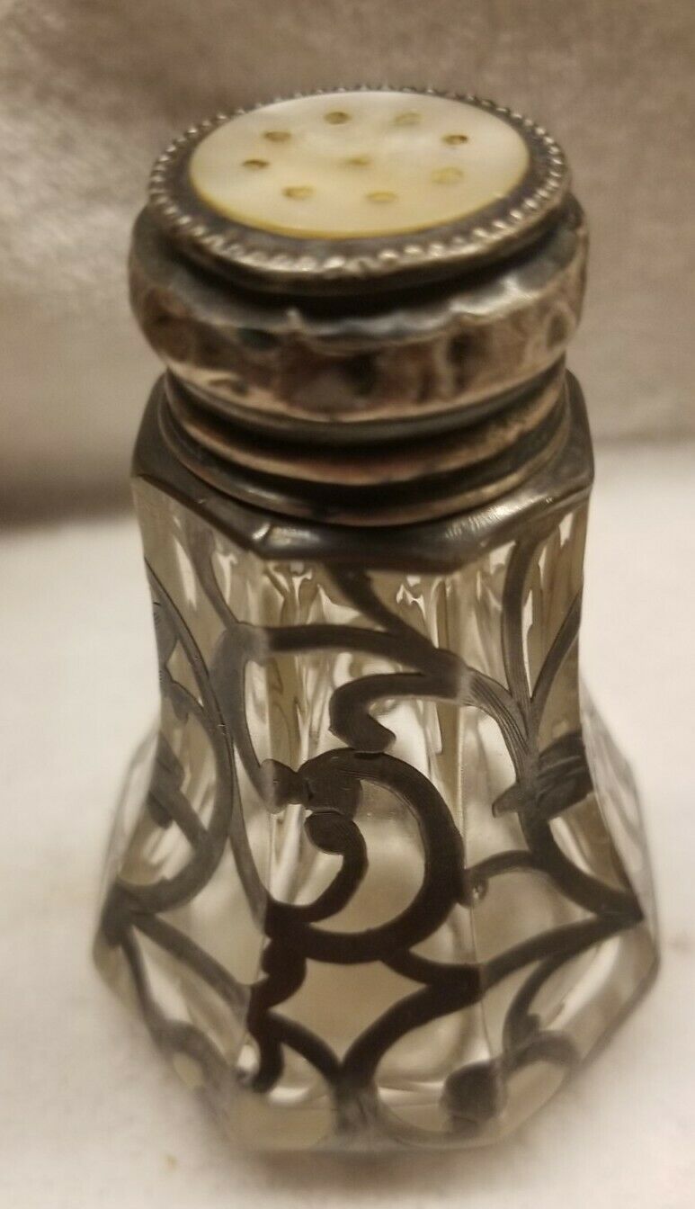 Beautiful Silver Overlay Salt Shaker Mother Of Pearl Insert In Lid