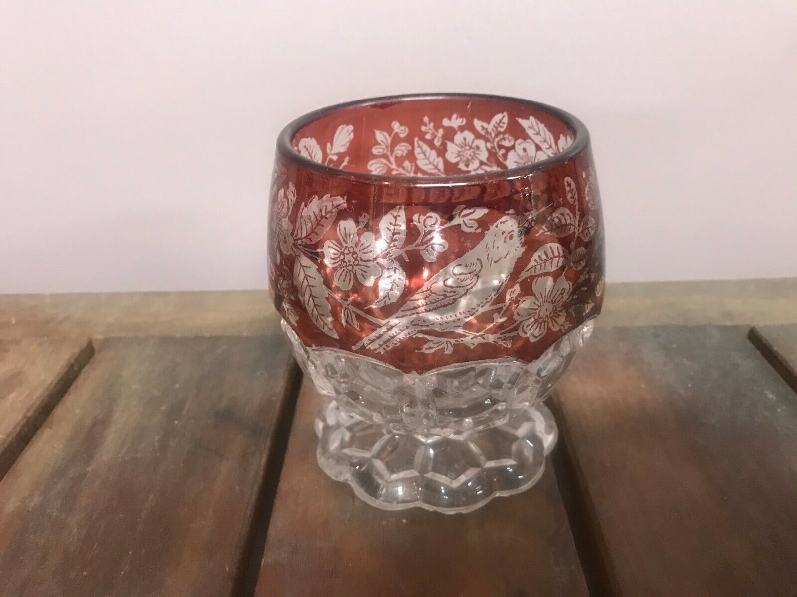 Glass Spooner With Red Stain Rim Silhouette Bird
