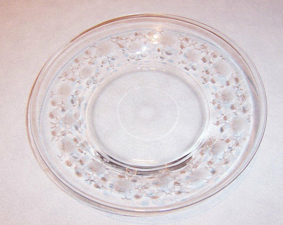 Vintage Clear Glass Plate / Shallow Bowl - Etched Flower Design Around Rim