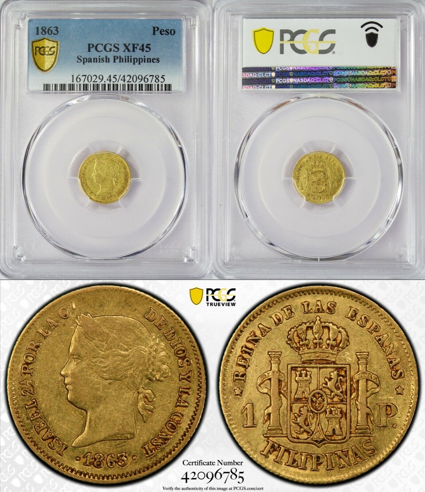 1863 Spanish/philippines 1 Peso ~ Pcgs Xf45  ~ Km#142 ~ 87.5% Gold ~ 6785