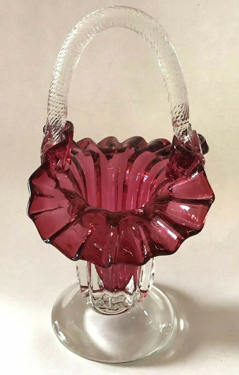 Vintage Cranberry Glass Basket Clear Handle And Base Crimped Ruffle Border
