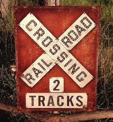 Railroad Crossing Two 2 Train Tracks Sign Tin Vintage Garage Bar Decor Old