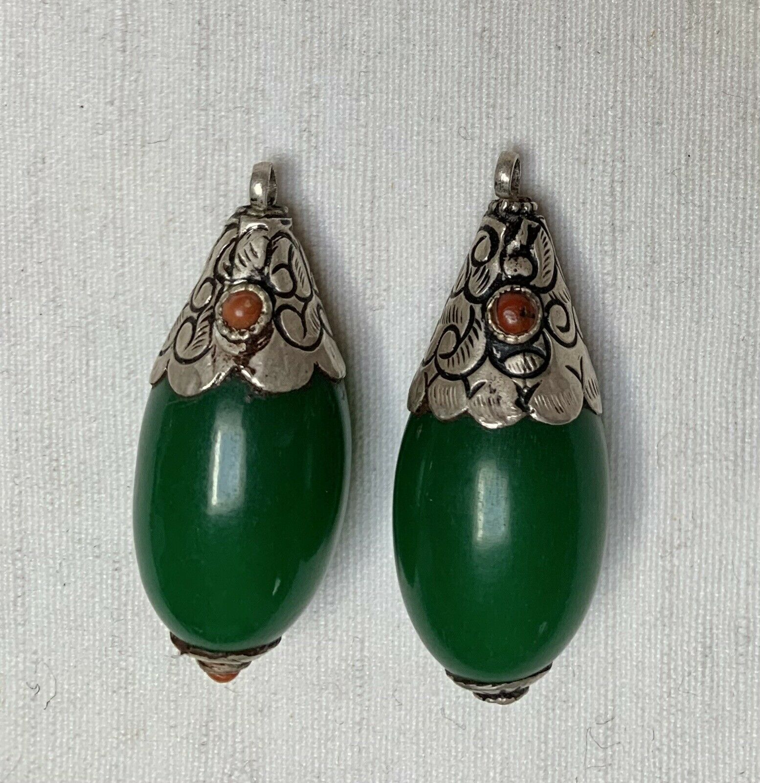 Two Nepalese Silver Coral Beads & Green Resin Tear Drop Beads/pendants