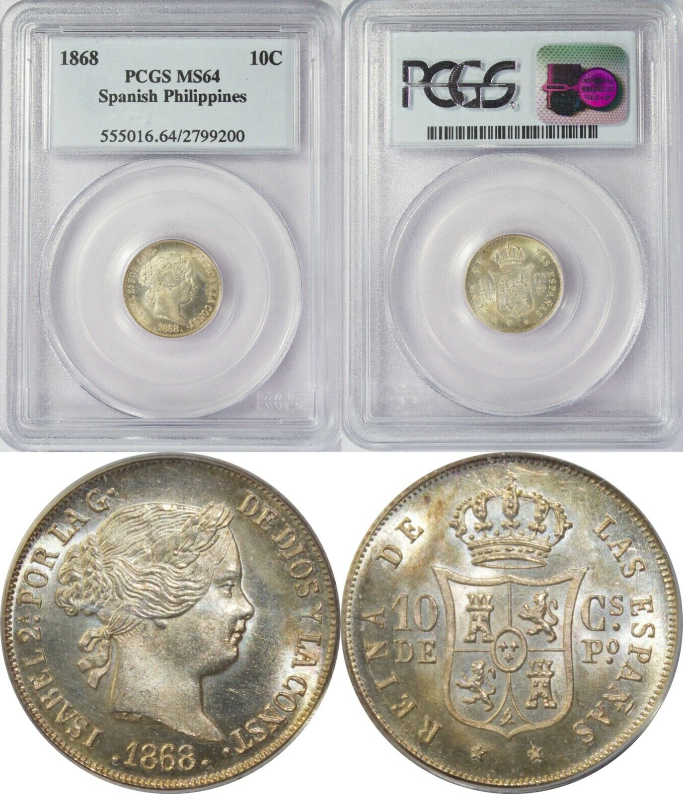 1868 Spain/philippines 10 Centimos ~ Pcgs Ms64 ~ Km#145 ~ 90% Silver ~ 200